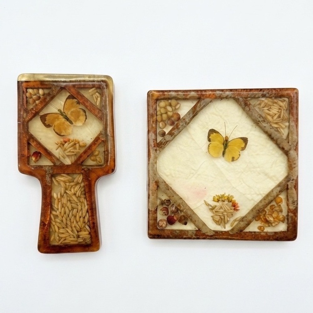 Vtg Resin Butterfly Seed Grain Wall Art Plaques Set 2 Mid Century‎ Botanical 60s